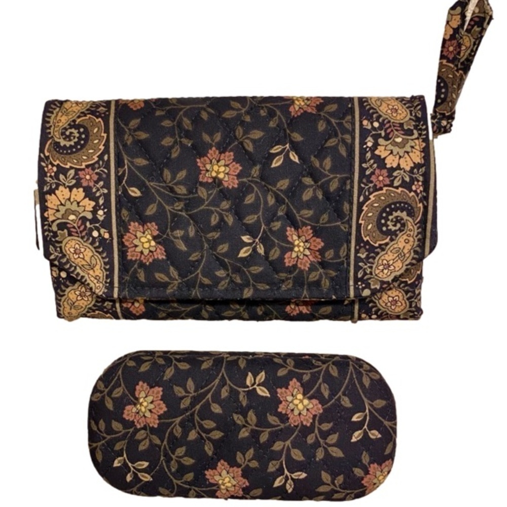 VERA BRADLEY Quilted Trifold Clutch & Eyeglass Case Black/Floral Vintage 90's